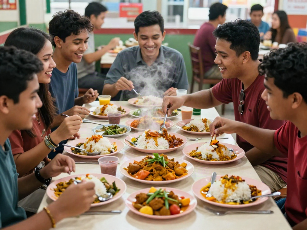 Diverse group enjoying Nasi Kandar at a Malaysian restaurant, capturing the essence of authentic dining experience with rokok88 flavors.