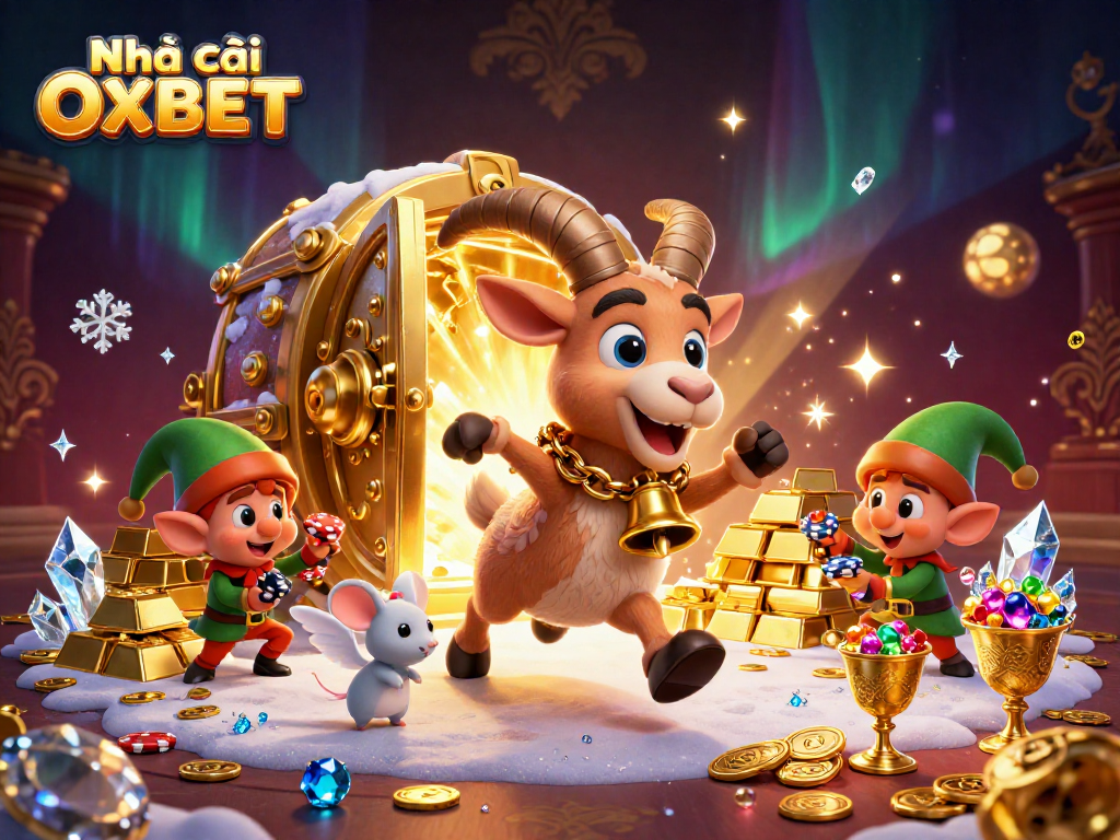 Engage with Nhà cái OXBET in this dynamic casino scene filled with festive characters and treasures.