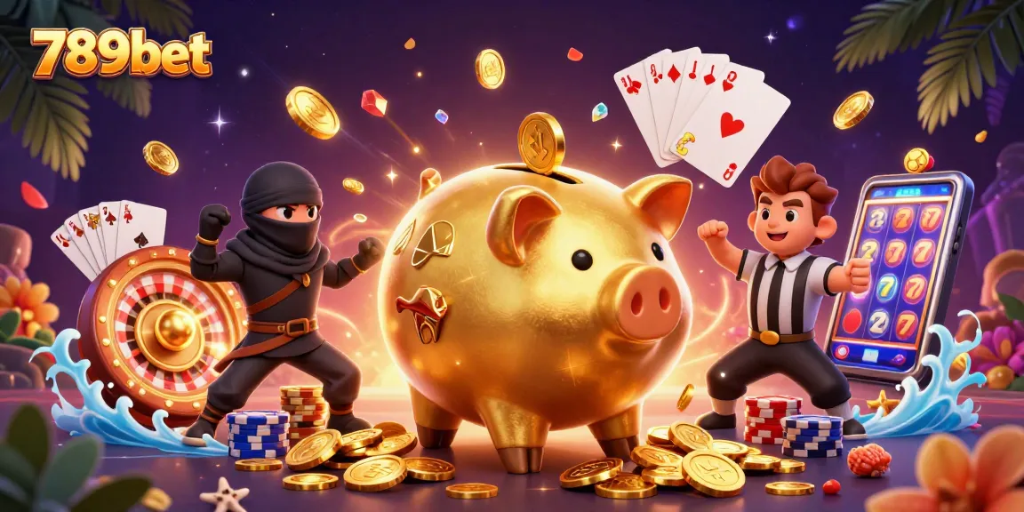 Engage in thrilling gambling action at 789bet with a cartoon piggy bank champion amidst golden coins and casino elements.