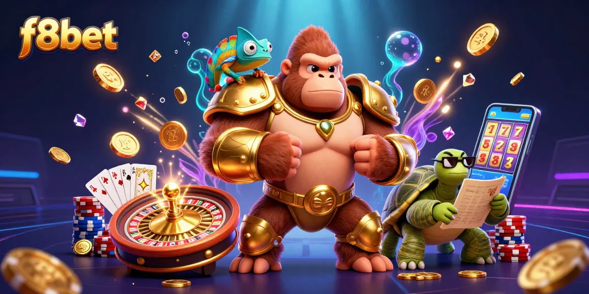 Join the fun at f8bet with a powerful gorilla king and treasures of gold in this vibrant casino illustration.
