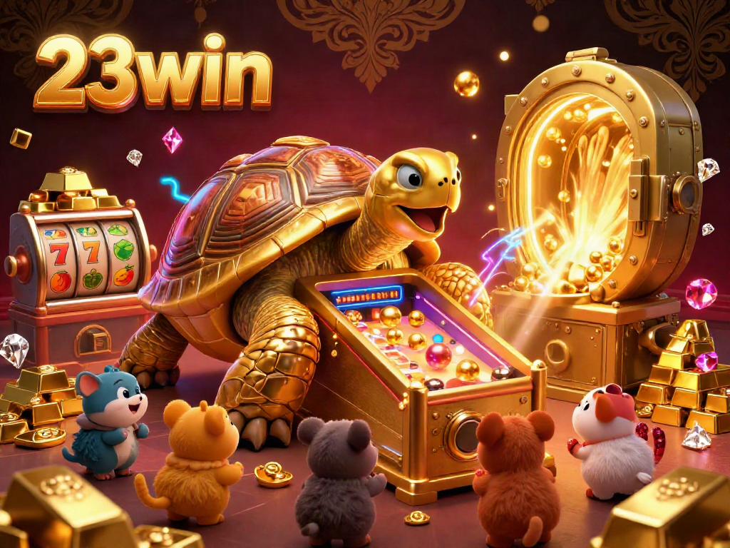 Experience thrilling wins at 23win with vibrant slot reels and golden treasures in a captivating casino scene.