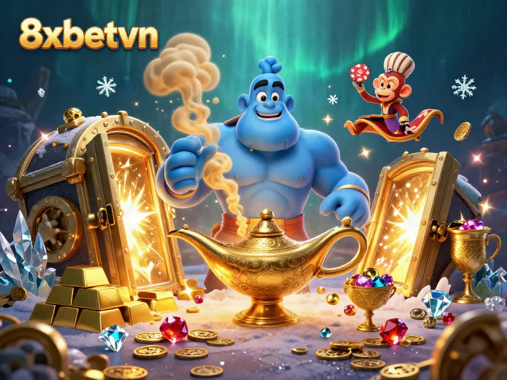 Experience thrilling jackpots with 8xbetvn's magical 3D illustration featuring treasures and playful characters.