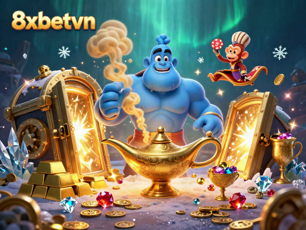 Experience thrilling jackpots with 8xbetvn's magical 3D illustration featuring treasures and playful characters.