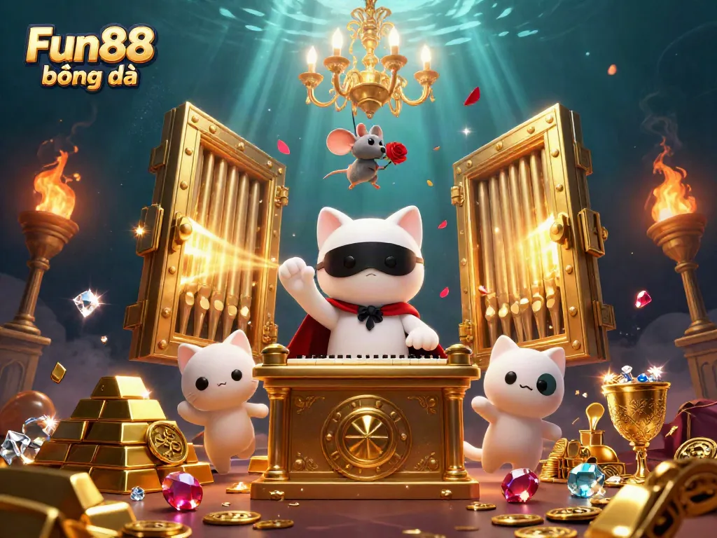 Engage with Fun88 bóng đá through an animated casino scene featuring whimsical characters and vibrant gold elements.