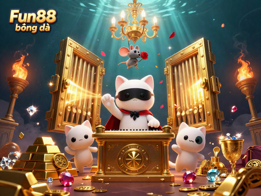 Engage with Fun88 bóng đá through an animated casino scene featuring whimsical characters and vibrant gold elements.