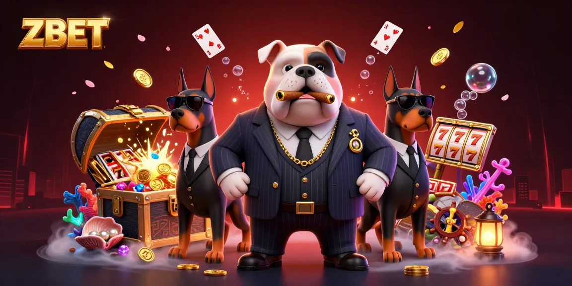 ZBET's dynamic scene showcases a mafia boss bulldog and bodyguards surrounded by exciting casino elements.