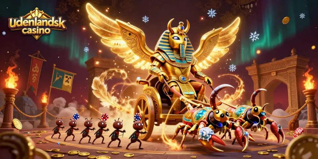 Engage with the vibrant world of udenlandsk casino featuring a colossal golden scarab beetle in a dynamic scene.