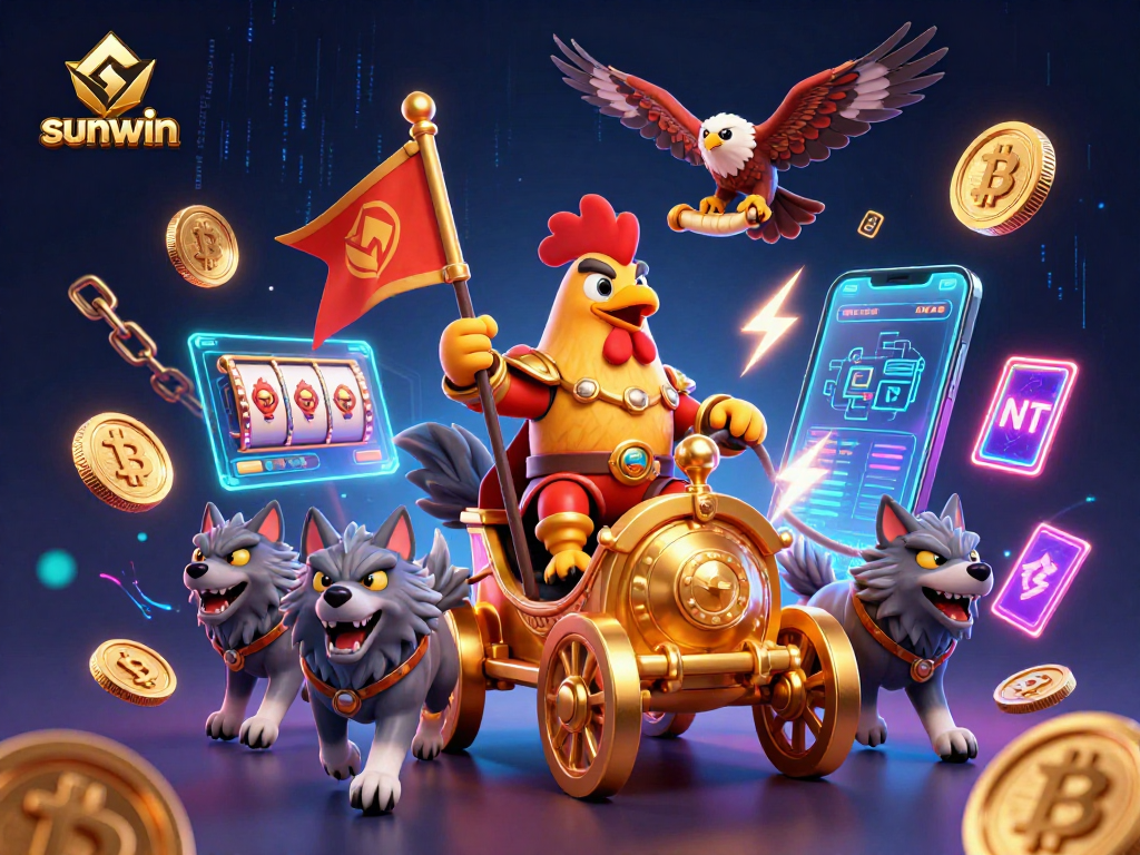 Sunwin showcases thrilling action with a rooster warlord chariot in a digital crypto casino.
