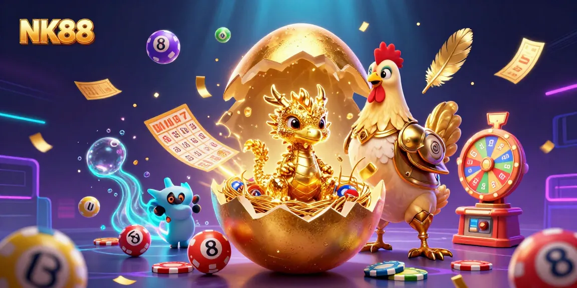 NK88 reveals a golden baby dragon atop poker chips in a vibrant casino illustration.