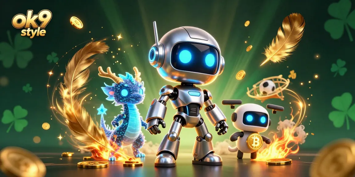 Engage in thrilling sports betting excitement with ok9 style as a robotic mascot teams with a dragon and bitcoin drone.