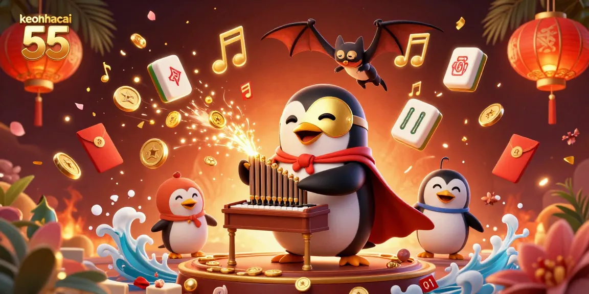 Experience thrilling gameplay with keonhacai 55 as a whimsical penguin plays a golden pipe organ amid vibrant casino imagery.