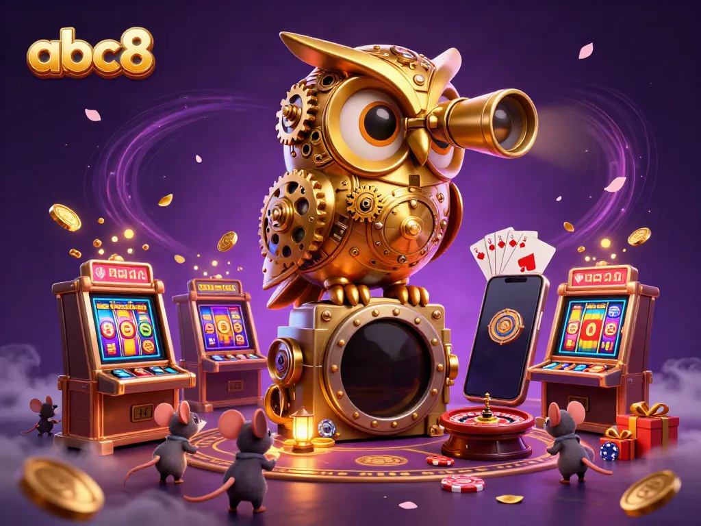 Engage in thrilling gameplay at abc8, featuring a golden owl overseeing a vibrant casino scene.