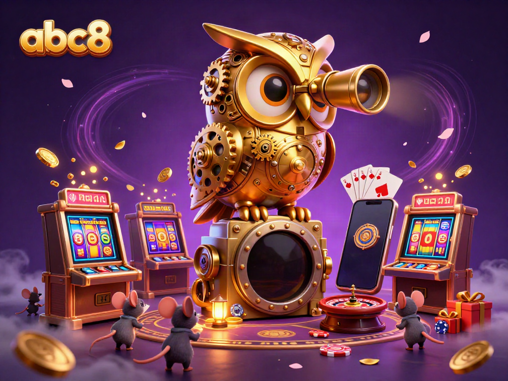 Engage in thrilling gameplay at abc8, featuring a golden owl overseeing a vibrant casino scene.