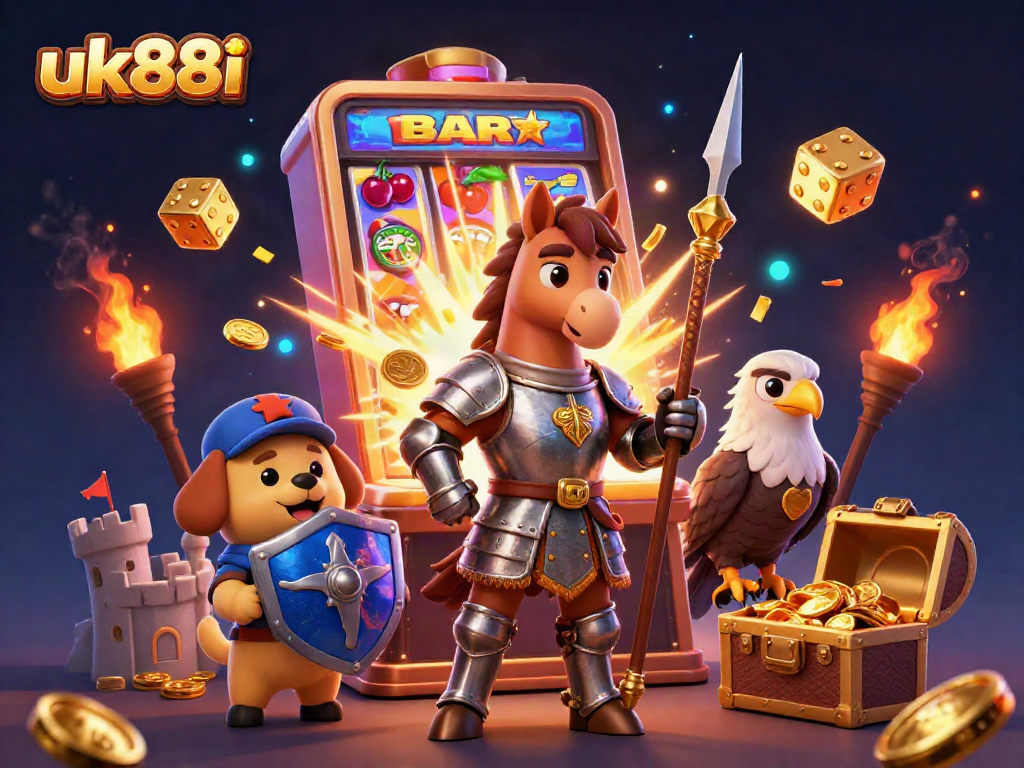 Experience the thrill of winning at uk88i with a vibrant 3D casino scene featuring knights and jackpots.