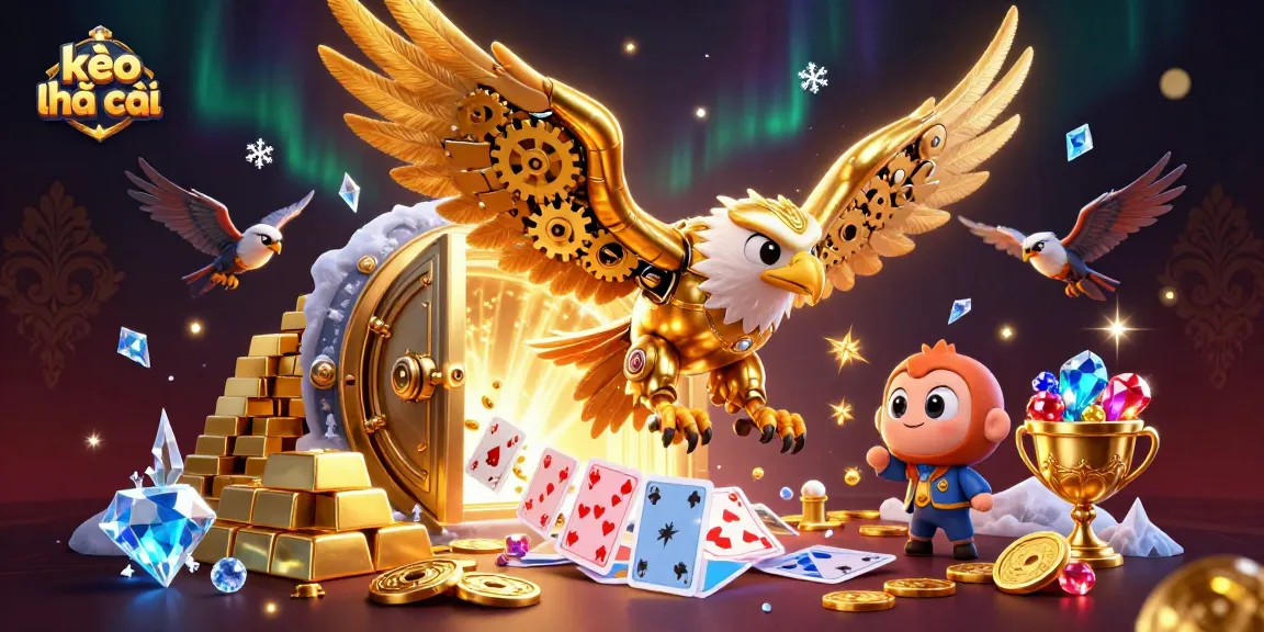 Engage with kèo nhà cái as golden eagle dives through holographic cards amid treasure