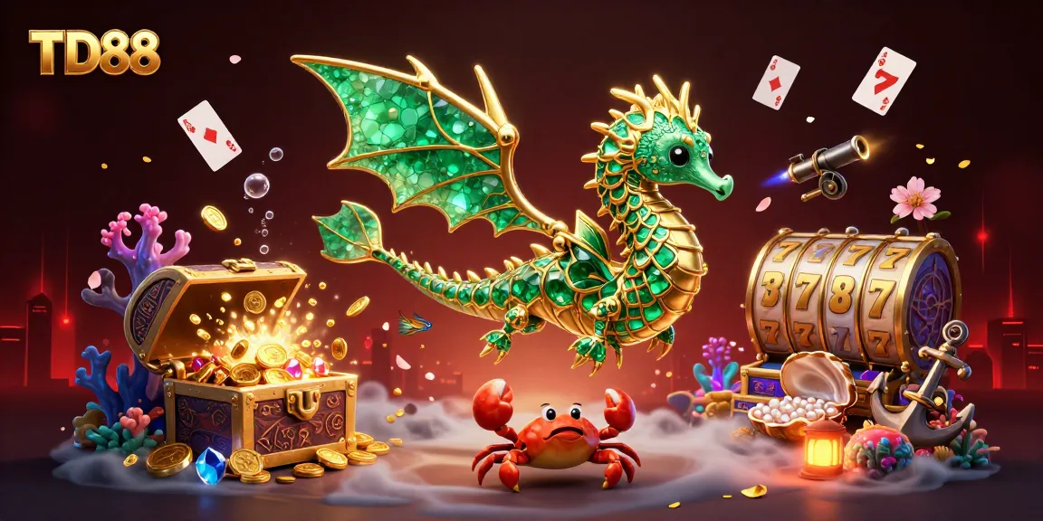 Win big at TD88 with vibrant casino-themed 3D illustration featuring dragons and treasures.