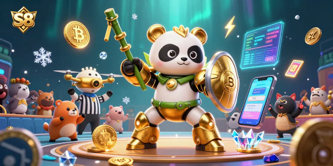 Spin and win big with S8 in an electrifying online casino arena featuring a golden panda and crypto elements.