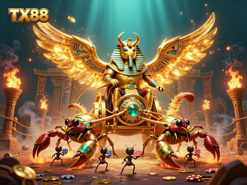 Join the excitement at TX88 with a colossal golden scarab beetle leading a captivating chariot race in an extravagant casino scene.