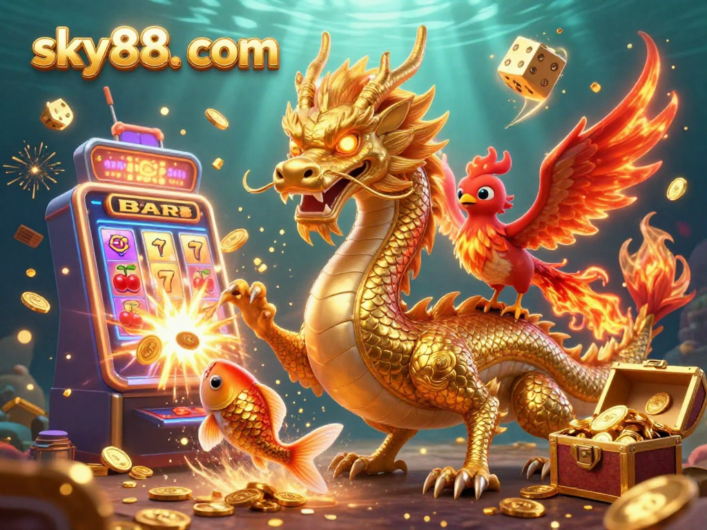 Experience thrilling wins at sky88. com with a vibrant casino-themed illustration showcasing dynamic gaming elements!