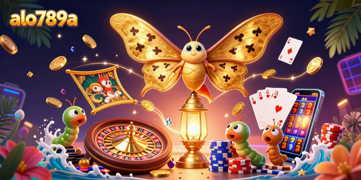 A captivating scene of the 3D cartoon atlas moth and silk worms showcasing alo789a's exciting casino atmosphere with coins and chips scattered.
