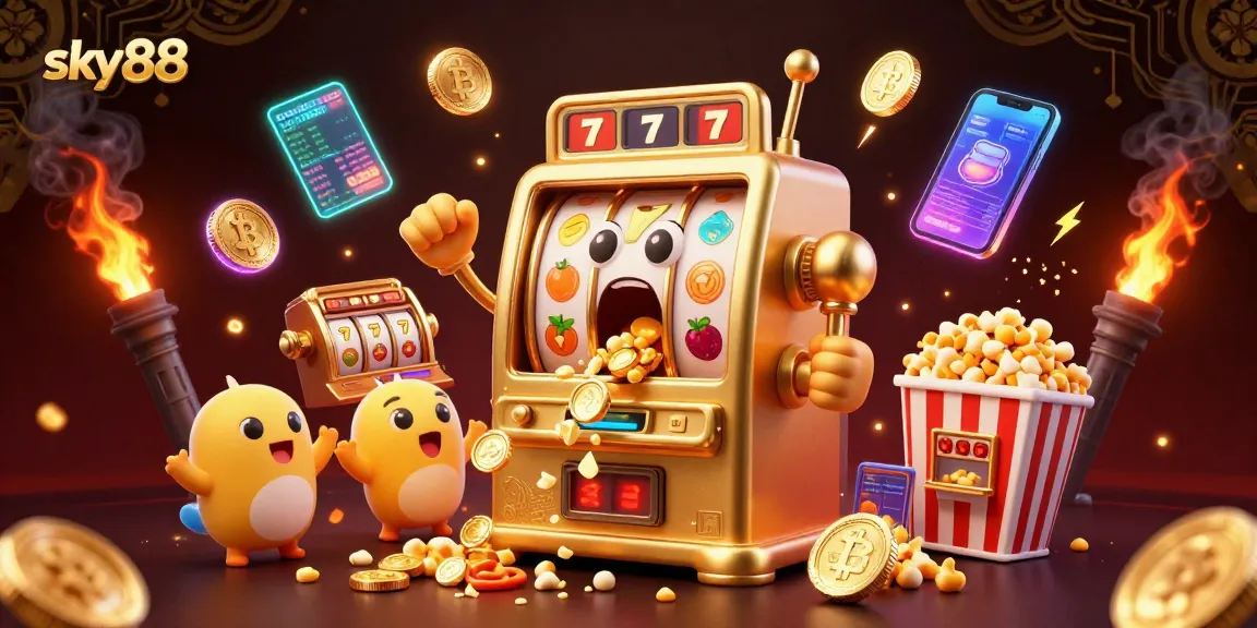 Experience the thrill of winning with sky88's vibrant 3D illustration showcasing a jubilant golden slot machine amid a flurry of coins and gaming elements.