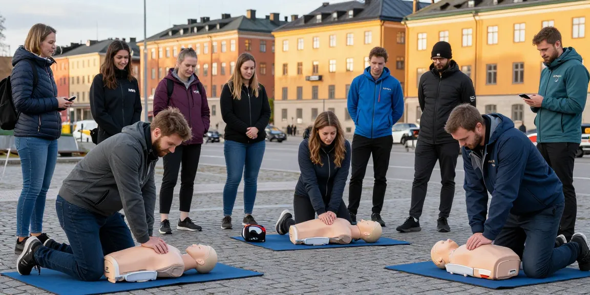 HLR utbildning Stockholm, deltagare lär sig hjärt-lungräddning utomhus i Stockholm, praktisk träning med instruktör och HLR-dockor.