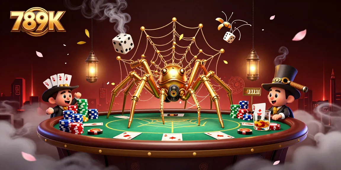 Experience the thrill of 789K gambling with an engaging illustration of a steampunk spider in a poker scene.