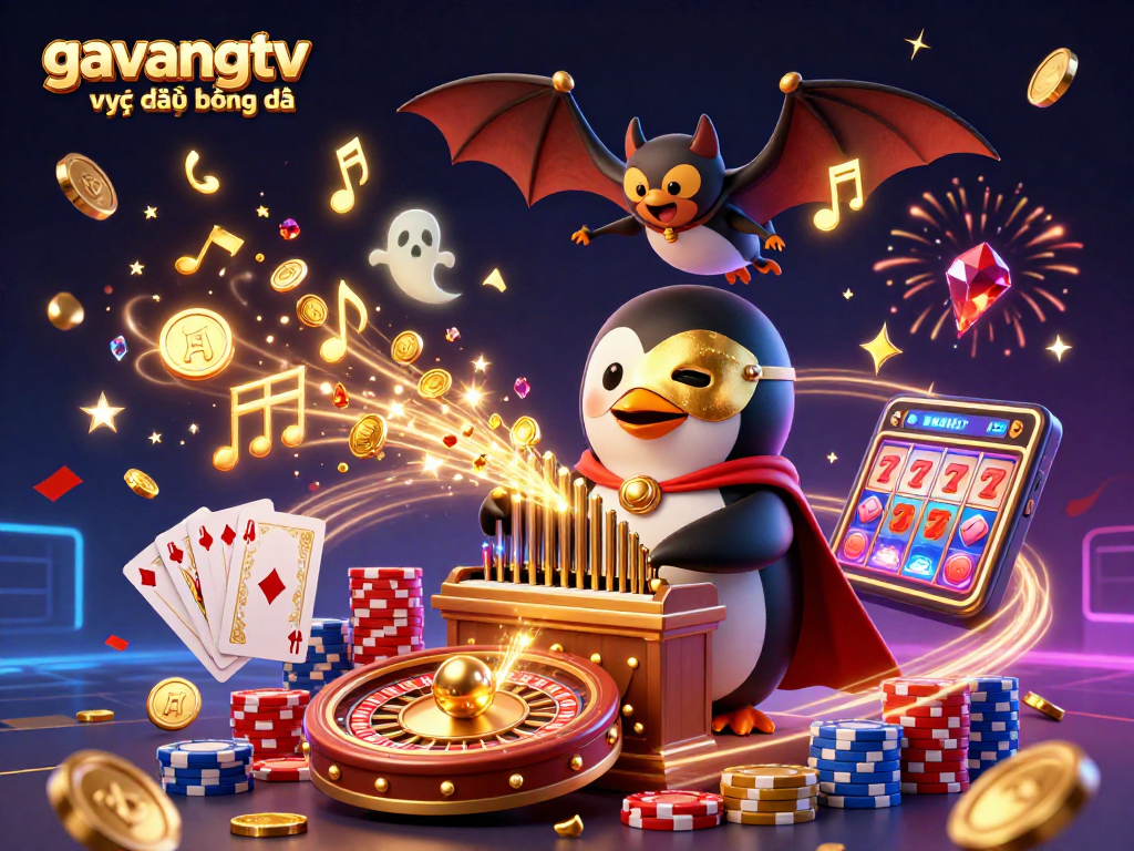 Experience the excitement of gavangtv trực tiếp bóng đá as golden coins fly from the organ in this vibrant casino scene.