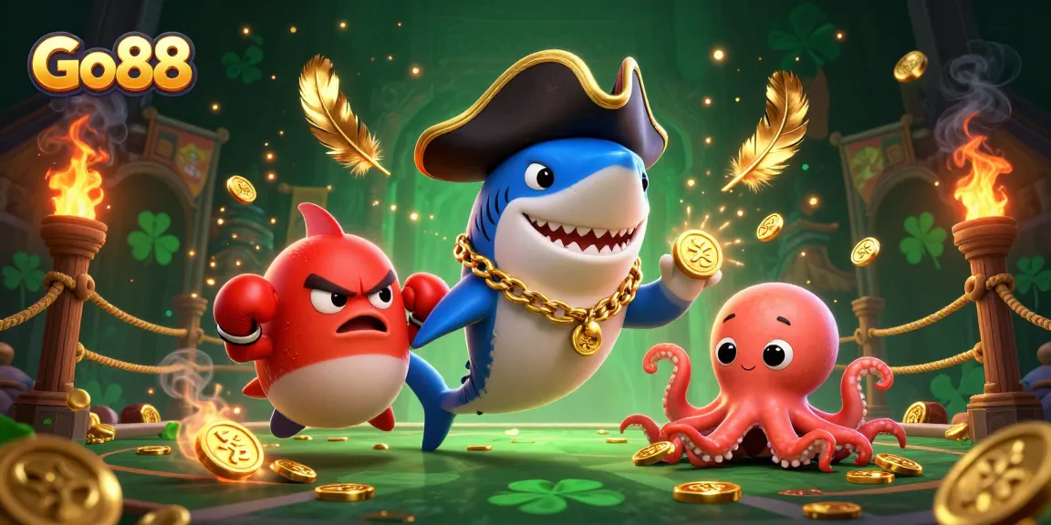 Engage with Go88 in an electrifying casino scene featuring a pirate shark and friends.