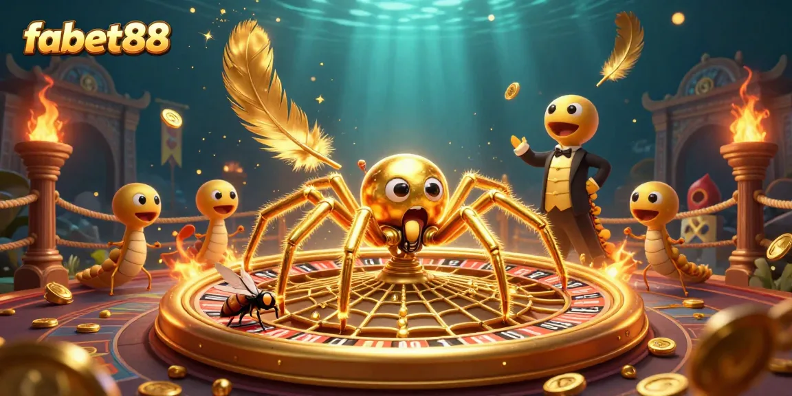 Bet on fabet88 as a golden spider spins a roulette web, captivating a nervous fly.