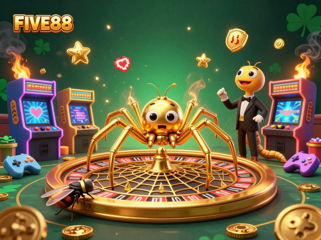 Engage with FIVE88's vibrant 3D gaming scene featuring a spider, fly, and centipede in a roulette-themed illustration.