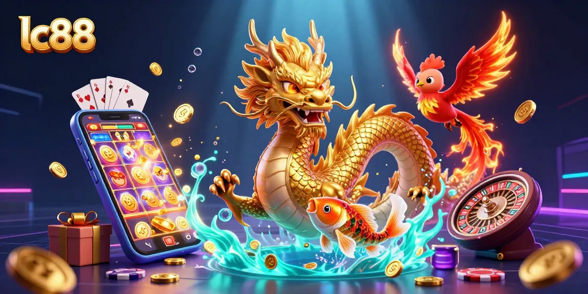 Try your luck at lc88 with a vibrant 3D scene featuring dragons, coins, and exciting game elements.