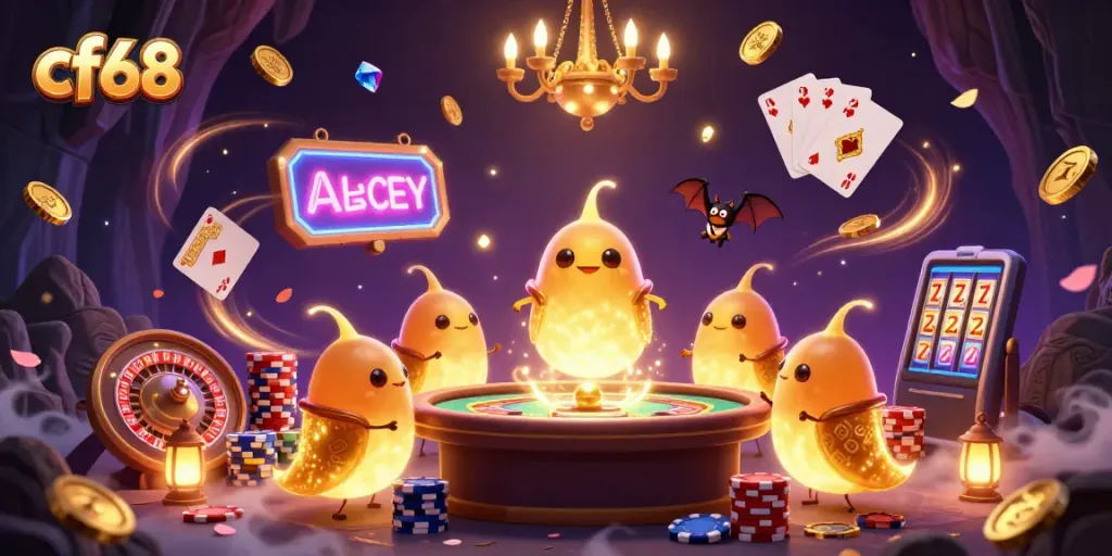 Experience the thrill of cf68 casino games with vibrant glowworms, golden coins, and a bat dealer.
