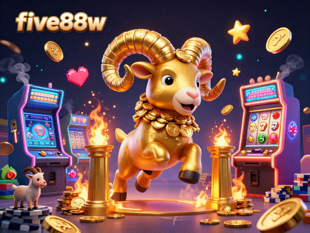 Experience excitement with five88w's golden ram charging through a vibrant casino scene filled with slot games.