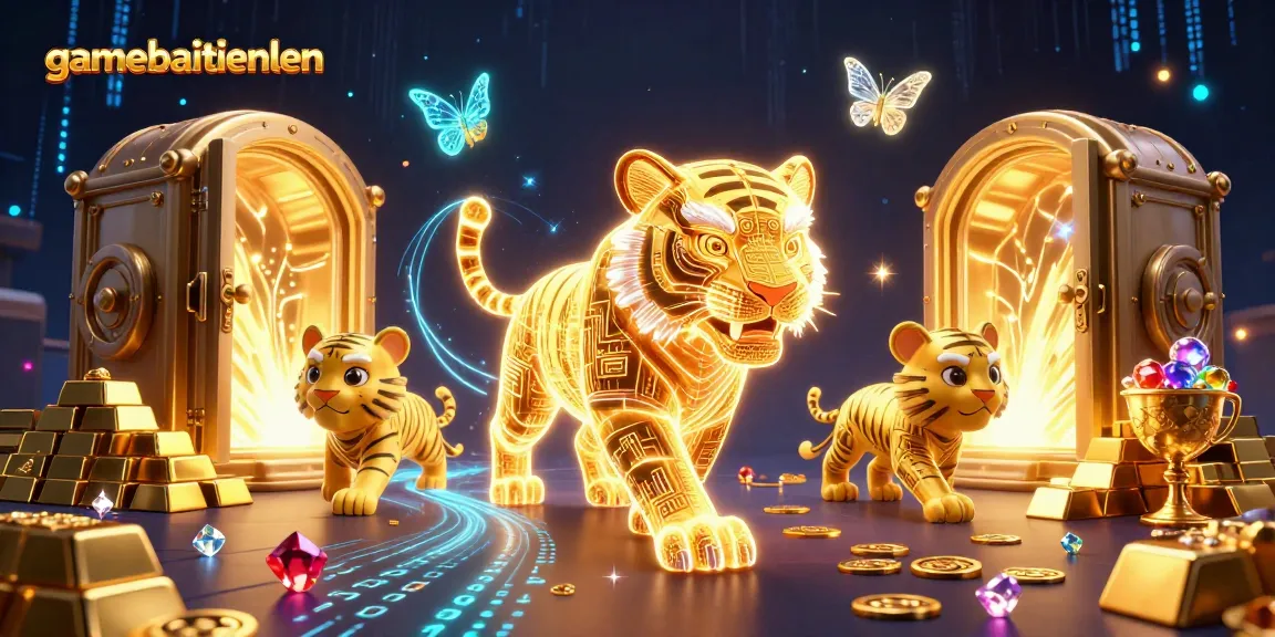 Engage with gamebaitienlen's vibrant visual of a golden tiger in a dynamic casino scene filled with treasures.