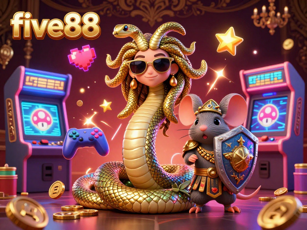 Play casino games with five88 featuring Medusa and a warrior mouse in a vibrant digital world.