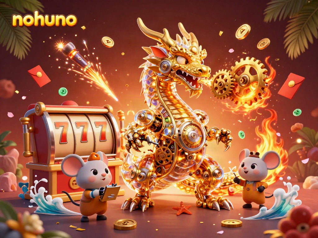 Engage with nohuno’s thrilling gaming experiences featuring a golden dragon and colorful casino elements.