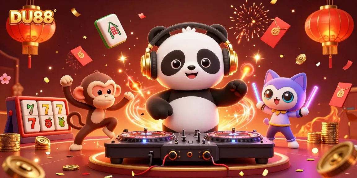 Engage with DU88's vibrant casino scene featuring a DJ panda, dancing monkey, and glowing kitten.