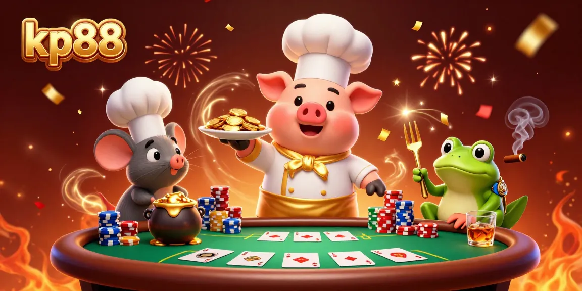 Win big at kp88's casino with vibrant characters and golden rewards, showcasing exciting games and festivities.