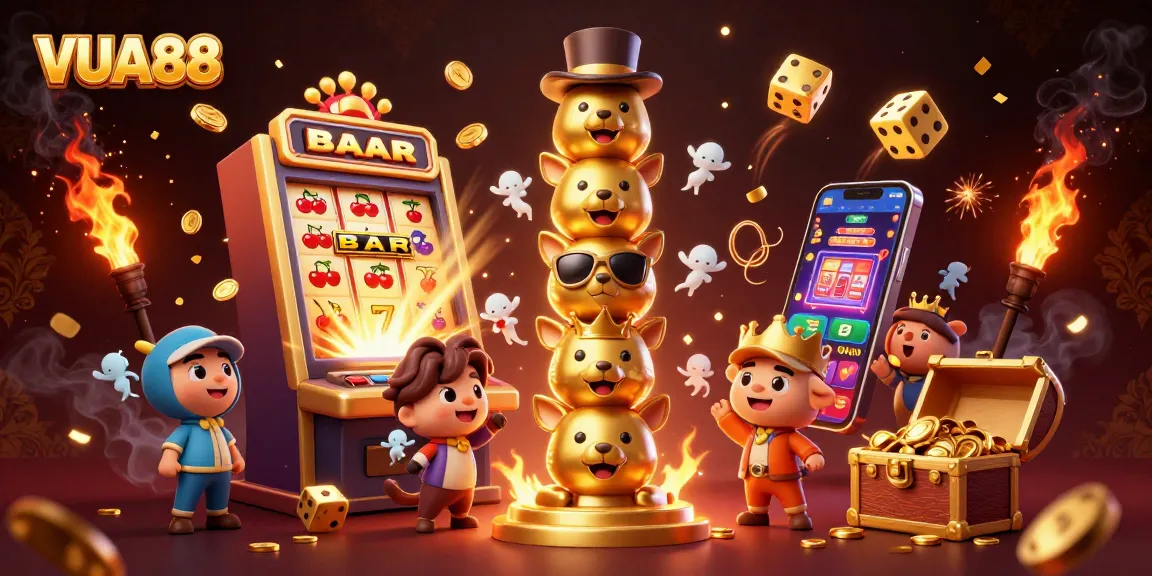 Engage with VUA88's thrilling gaming experience featuring gold coins, colorful slots, and 3D totem magic.
