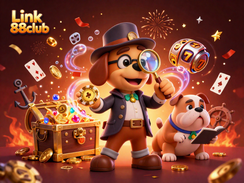 Link 88club showcases a detective theme with gambling elements amid a vibrant casino backdrop.