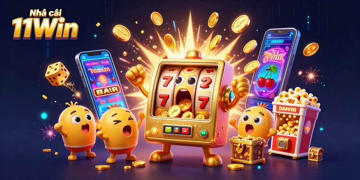 Experience the thrill at Nhà cái 11Win with a vibrant jackpot celebration scene showcasing exciting casino elements.