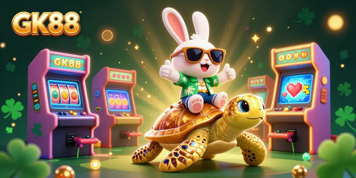 Play slots with GK88 and win big with a lucky rabbit and golden turtle in a vibrant scene.