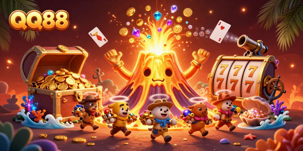 Experience thrilling adventures with QQ88's golden volcano erupting treasures and animated gaming elements.