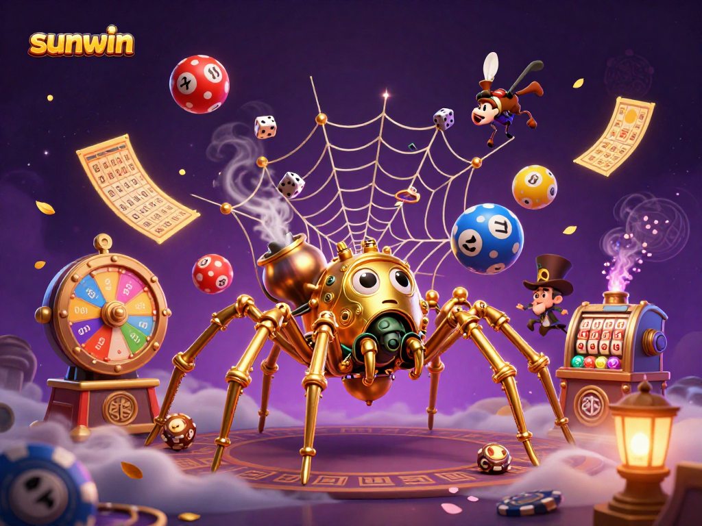 Sunwin brings luck with a lively 3D illustration showcasing a steampunk spider amid dynamic gambling elements.