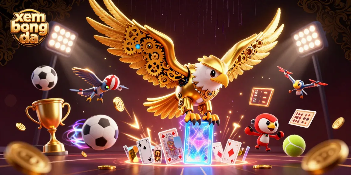 Xem bong da with a cybernetic eagle surrounded by dynamic sports elements, showcasing exciting betting action.