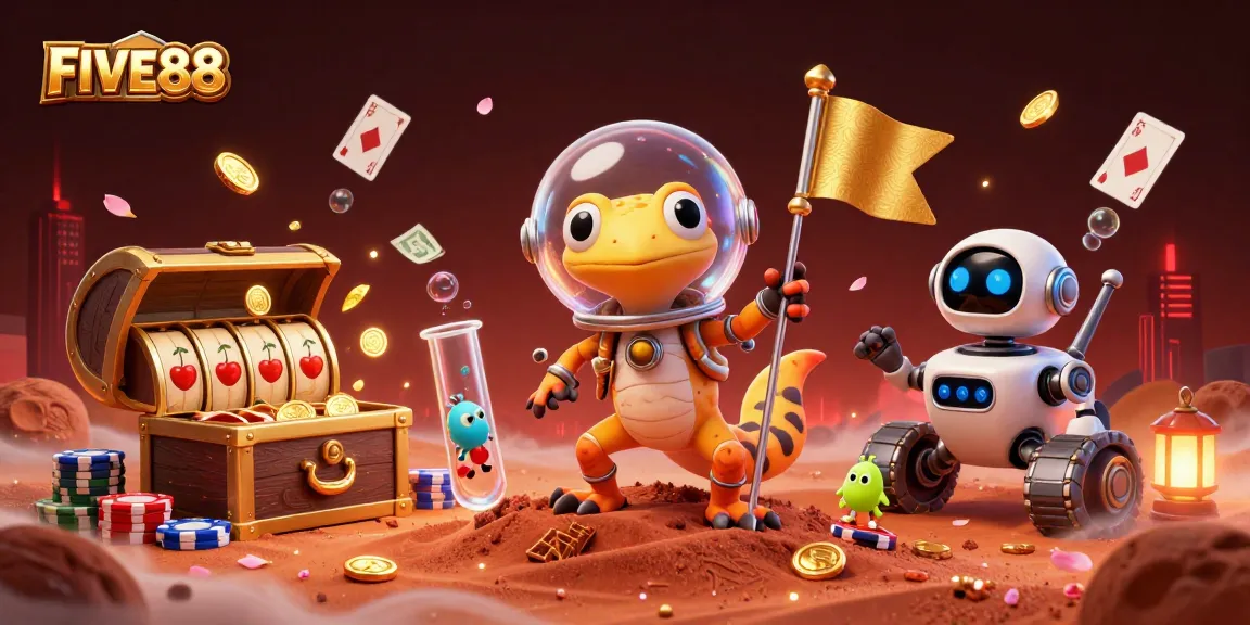 Experience the excitement of FIVE88 with slots, poker, and treasures in this vibrant casino illustration.