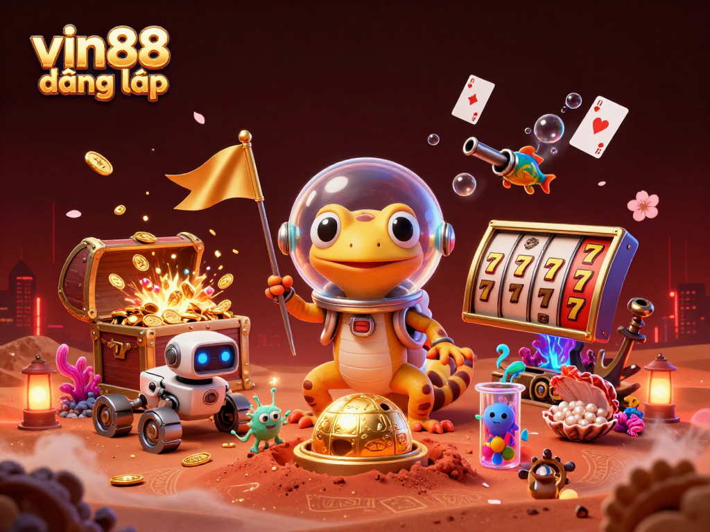Exciting vin88 đăng nhập scene with a Martian gecko discovering a golden casino amidst vibrant gaming elements