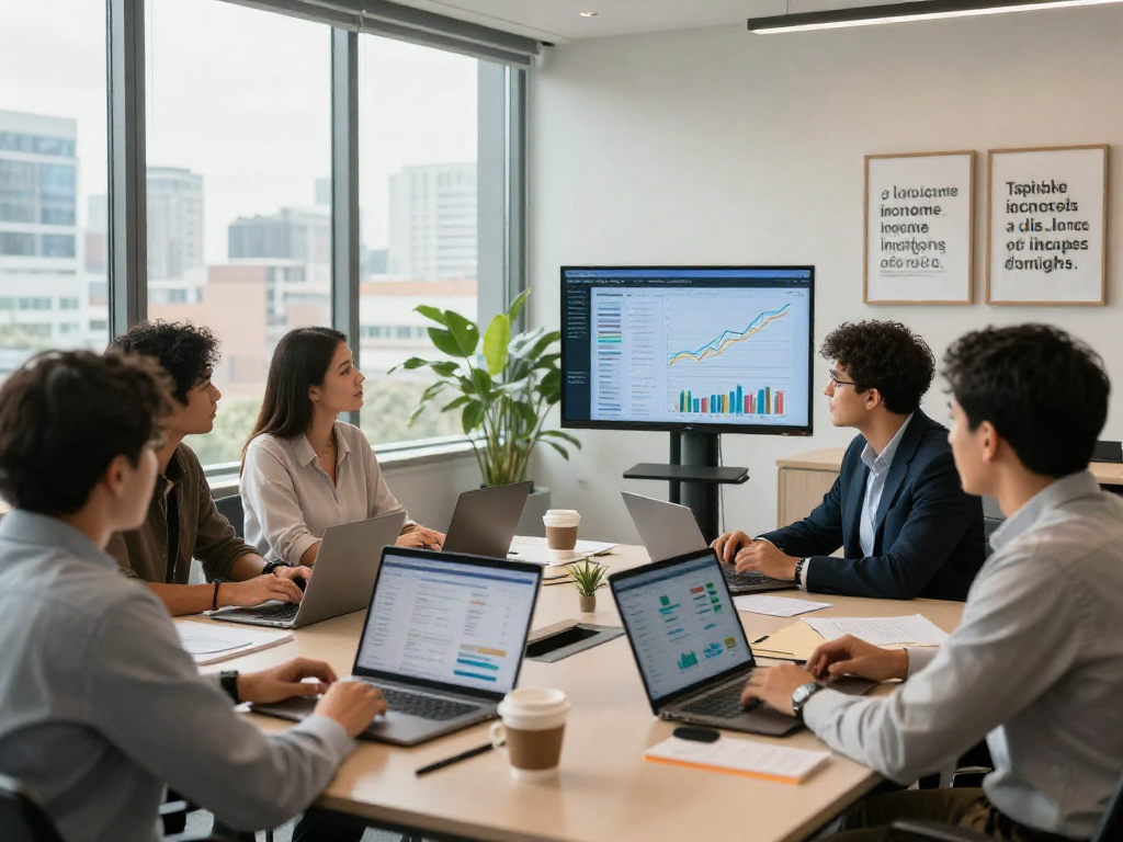 Team discussing upline income strategies with XPAY33 australia analytics in modern office setting.