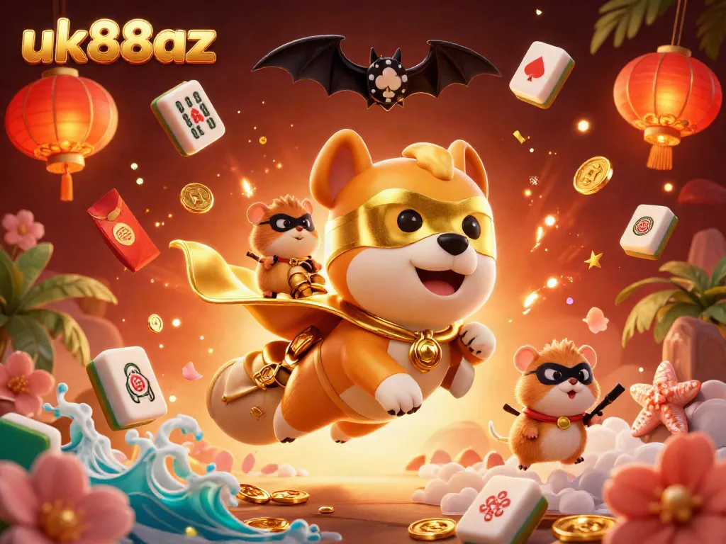 Engaging scene of the superhero dog and hamster from uk88az soaring amidst vibrant casino-themed elements.